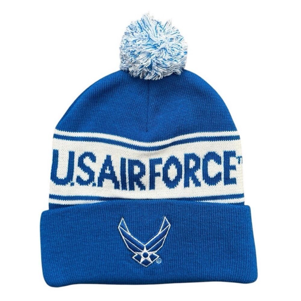 USAF Air Force Knit Pom Beanie Blue White Cuffed Logo Hat NWT